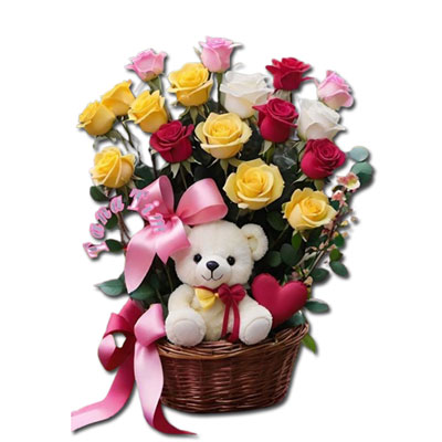 "Mixed Roses Flower basket with Teddy - Click here to View more details about this Product